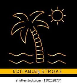 Golden palm tree logo icon on black background. Easy changing vector with editable strokes.