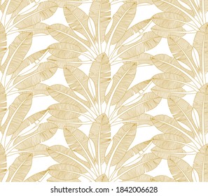 Golden palm trees jungle vector botanical illustration. Exotical tropical forest leaves foliage seamless pattern.