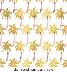 Golden palm trees seamless vector background. Elegant faux metallic gold foil palm tree repeating pattern on white. Tropical botanical vector background hand drawn for fabric, wrap, summer decor.