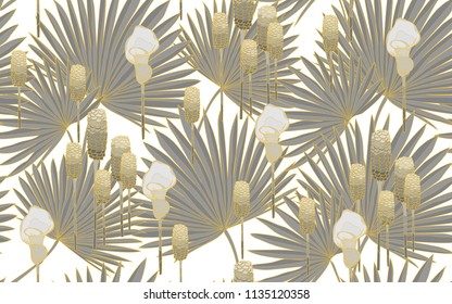 Golden palm and tumeric flowers. Big leaves and exotic flowers composition. Vector illustration. Botanical seamless wallpaper. Digital nature art. Cartoon style sketch. White background.