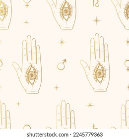 Golden palmistry hand with all-see eye seamless pattern. Contemporary vector illustration in boho style for background and wall decor. Trendy texture for print, wrapping and textile.