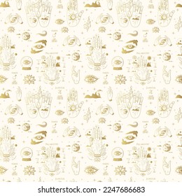 Golden Palmistry hands, all-see eyes and other esoteric symbols. Hand drawn mystical seamless pattern. Vector illustration for textile, background, texture, wrapping paper, witchcraft and magic shop