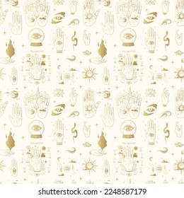 Golden Palmistry hands, all-see eyes and other esoteric symbols. Hand drawn mystical seamless pattern. Vector illustration for textile, background, texture, wrapping paper, witchcraft and magic shop