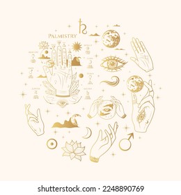 Golden palmistry Hands collection. Hand drawn isolated set of esoteric occult icons in boho style. Vector illustration for witchcraft, tattoo, stickers and  magic shop.