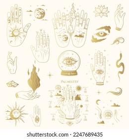 Golden Palmistry Hands isolated set. Hand drawn esoteric occult icons in boho style. Vector illustration for witchcraft, stickers and  magic shop.