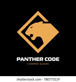 Golden panther logo. The head in profile. Fearless panther. Roaring predator. Fang, face. Combine with text. Vector Logo Template