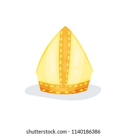 Golden papal tiara or pope tiara. Shiny gold hat of church servant. Religious object. Flat vector element for website or mobile app