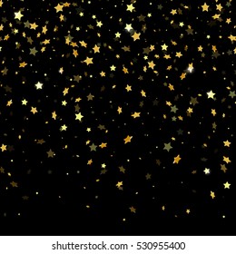 Golden Paper Foil Sequins Falling Down Isolated On Black Background. Vector Gold Star Confetti Rain Festive Holiday Background.