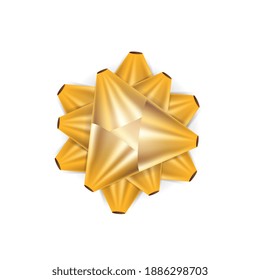 Golden paper holiday bow over white isolated background. Single object. Mockup. Decoration for present. Top view. 