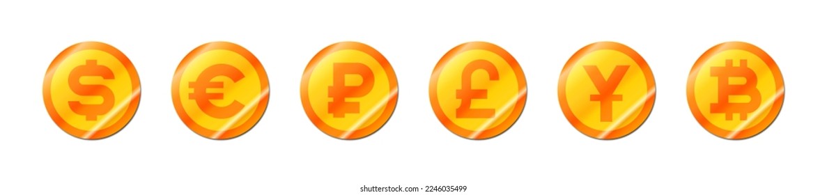 Golden paper sticker currency coin different country's vector illustration