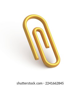 Golden paperclip isolated on white background. Isometric icon of gold stationery paper clip or clamp in 3d design for app element. Web chat office symbol new organizer collection. Vector illustration