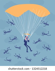 Golden parachute benefit for businessman. High level executive manager in dismissal receives large safe payment from company, employees falling down fired. Vector illustration, faceless characters