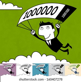 'Golden parachute'. Business illustration (EPS 10). Animation friendly: the elements (arms, heads etc) are in the separate layers. Seamless pattern on the background (color can be changed)