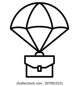 Golden parachute. Insurance payments in case of dismissal of a top manager. Parachute with briefcase. Vector icon, outline, isolated. Editable stroke.