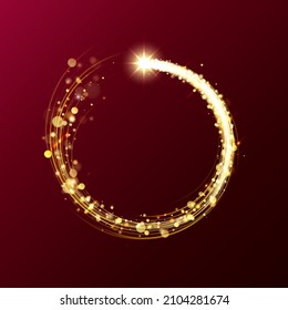 Golden particle shining round frame. Golden ring. Glowing circle border with copyspace for text on red background. Light effect. Circular shining sparkling vortex. Vector design element, illustration