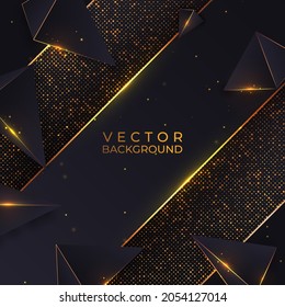 Golden particle shining and triangle on dark background. Glowing golden background. Stippling texture