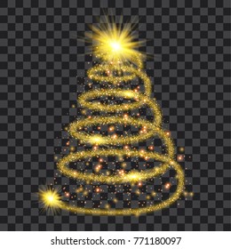 Golden particle wave in form of christmas tree with bright shining and glowind particles isolated on transparent background. Glitter bright trail, glowing wave vector illustration