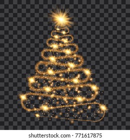 Golden particle wave in form of christmas tree with bright shining and glowind particles isolated on transparent background. Glitter bright trail, glowing wave vector illustration