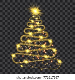 Golden particle wave in form of christmas tree with bright shining and glowind particles isolated on transparent background. Glitter bright trail, glowing wave vector illustration