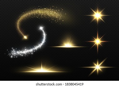 Golden particle waves or comets with sparkling waving trail light effect and starbursts on vector transparent background. Light star gold png. Light sun gold png. Light flash gold png. 