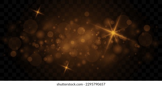 Golden particles abstract background with shining particles of gold dust star floor. Beautiful futuristic glitter in space on a transparent background.