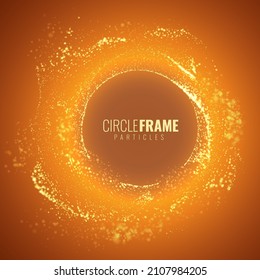 Golden Particles Circle Frame. Shining Gold Frame. Celebration Background.  Radial Sound Wave Music Visualization. Colorful Equalizer Background. Golden Lights. Vector.