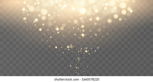 Golden particles glow light effect. Glowing yellow powder splash circles. abstract gold bokeh luxury background. Magic mist glowing on Transparent background.