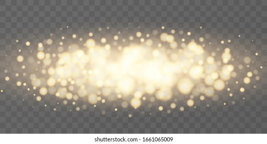Golden particles glow light effect. Glowing yellow powder splash circles. abstract gold bokeh luxury background. Magic mist glowing on Transparent background.