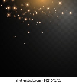 Las partículas doradas iluminan el efecto de la luz. Rodamientos de polvo amarillo brillante. fondo de lujo de bokeh de oro abstracto. La bruma mágica resplandece en el fondo transparente.