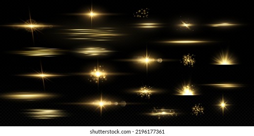 Partículas doradas de luz. Luz dorada. Lámpara de luz.Estrellas aisladas en un fondo transparente.