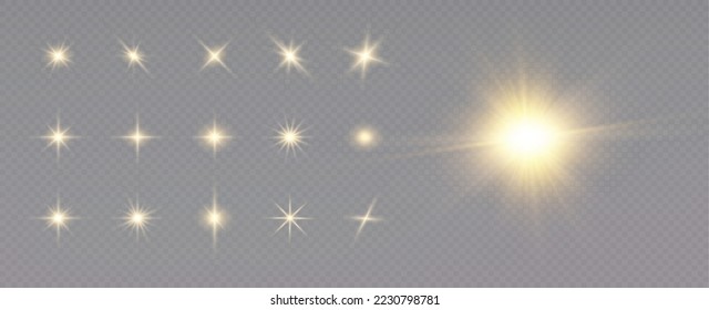 Golden particles of light. Golden light. Light flare.Stars isolated on transparent background.