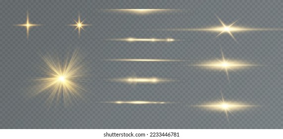 Golden particles of light. Golden light. Light flare.Stars isolated on transparent background.