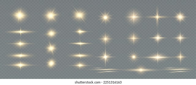 Partículas doradas de luz. Luz dorada. Lámpara de luz.Estrellas aisladas en un fondo transparente.
