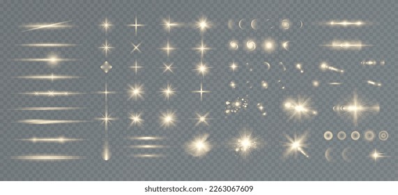 Golden particles of light. Golden light. Light flare.Stars isolated on transparent background.