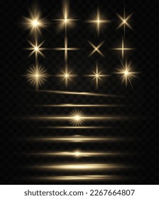 Golden particles of light. Golden light. Light flare.Stars isolated on transparent background.