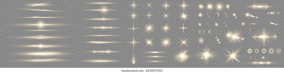 Partículas doradas de luz. Luz dorada. Lámpara de luz.Estrellas aisladas en un fondo transparente.