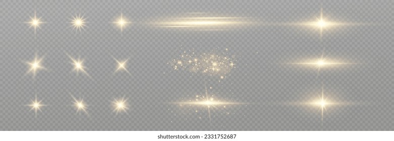 Golden particles of light. Golden light. Light flare.Stars isolated on transparent background.
