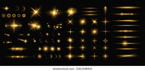 Golden particles of light. Golden light. Light flare.Stars isolated on transparent background.