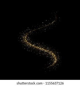 Golden particles light or sparkling glitter shine trail. Vector glittery twirl with shiny Christmas confetti on premium luxury black background