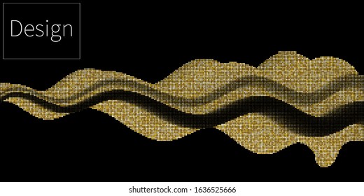 Golden particles. Sparkle flow. Shiny wave. Gold glitter texture. Glowing dots. Golden dust. Vector Illustration.
