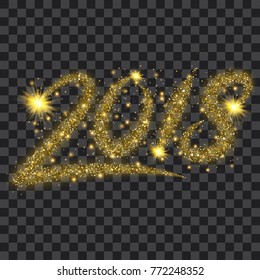 Golden particles wave in form of 2018 digits with bright shining and glowind particles isolated on transparent background. Glitter bright trail, glowing wave vector illustration