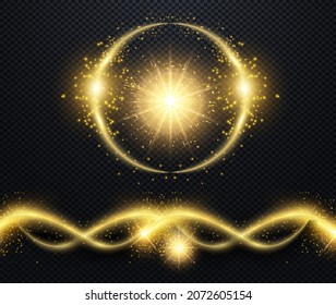 Golden particles wave. Sparkle stardust. Glitter twirl with shiny Christmas confetti. Christmas background with gold magic star with bokeh effects. Gold light circle with sparkles. Vector