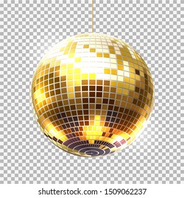 Golden Party Ball On Transparent Background. Vector Retro Night Club Symbol. Dancing Club Promotion Design. Round Glittering Ball With Reflections. Glamorous Party Element.