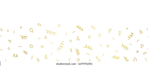 Golden Party doodles seamless vector border. Abstract hand drawn gold foil shapes repeating pattern. Twirls, confetti, for card decoration, kids birthday, footer, party invitation
