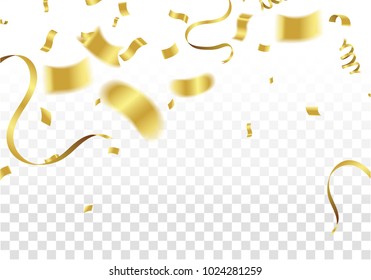 Golden Party Flags With Confetti And Ribbon Falling On White Background. Celebration Event & Birthday. Vector