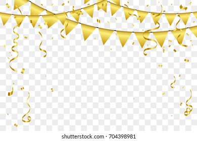 Golden Party Flags With Confetti And Ribbon Falling On Transparent Background. Celebration Event & Birthday. Vector