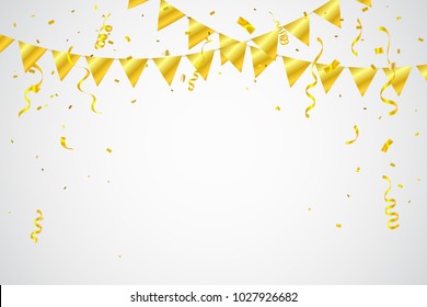 Golden Party Flags With Confetti And Ribbons Falling On White Background. Celebration Event & Congratulations Graduation Day. Vector