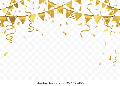 Golden Party Flags With Confetti And Ribbons Falling On Transparent Background. Celebration Event & Birthday. Vector