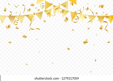 Golden Party Flags With Confetti And Ribbons Falling On Transparent Background. Celebration Event & Birthday. Vector