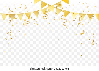 Golden Party Flags With Confetti And Ribbons Falling On Transparent Background. Celebration Event & Birthday. Vector